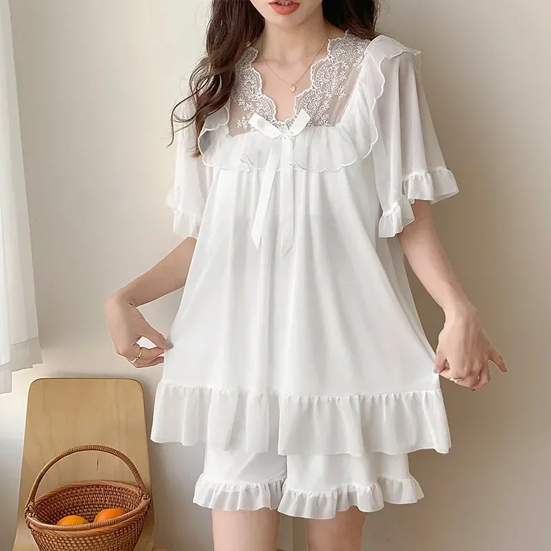 Sweet V-neck Thin Flounce Girls Pajamas Chest Pads Women's Summer Sleepwear Set Palace Style Lace Short Sleeved Loungewear Suit