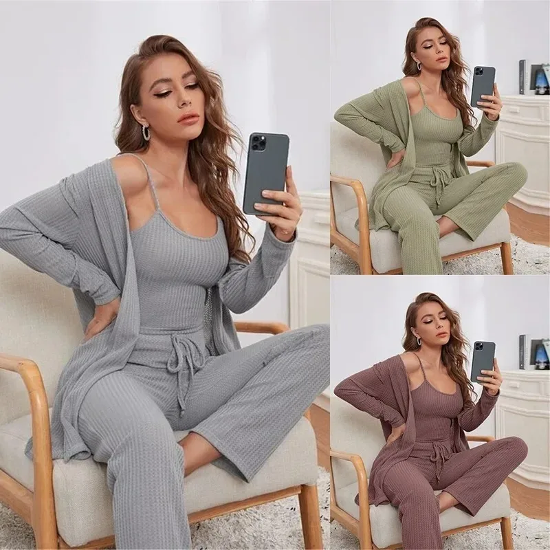

3Piece Women Sets Sling Tops + Pants Robe Pajamas Lounge Homewear Pyjama Pour Femme 2025 Autumn Winter Casual Three Piece Set