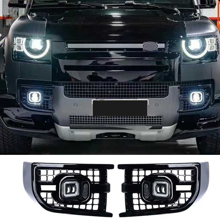 Car accessories For LR Defender 2020-2024 Front Square LED intake White Fog Light Grill DRL