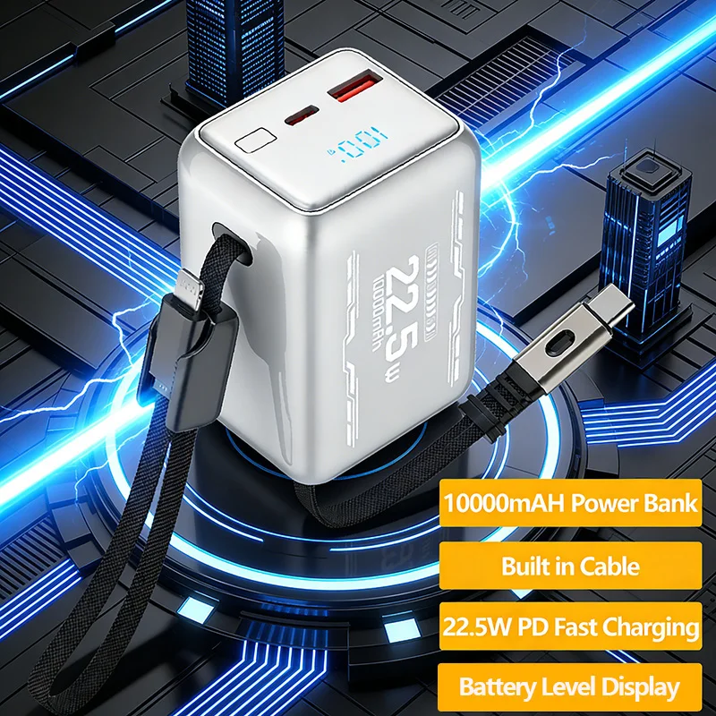 

Портативное зарядное устройство Power Bank 10000 мАч, 22,5 Вт, быстрая зарядка PD, встроенный кабель USB-C, внешний аккумулятор для iPhone, Xiaomi, Samsung