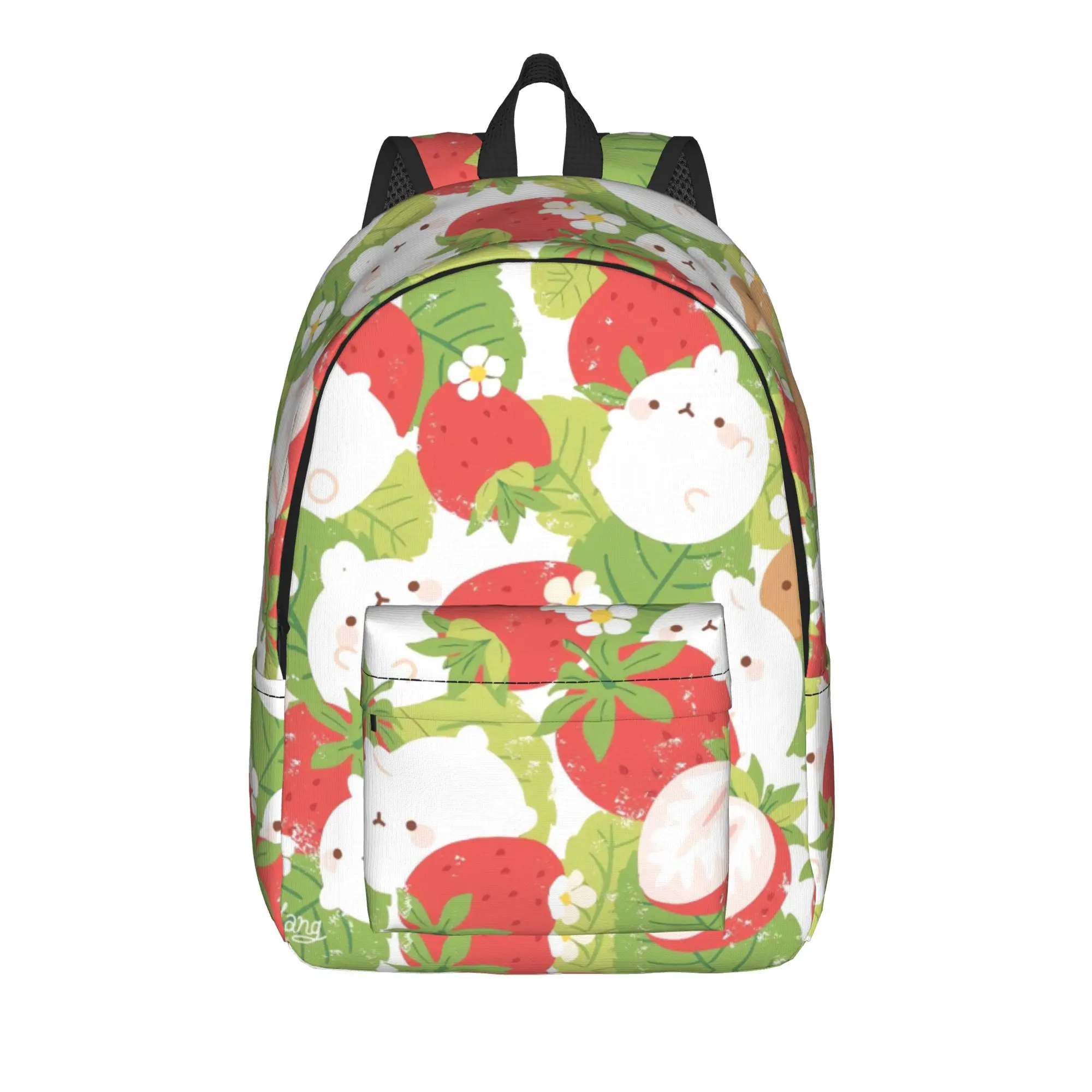 Molang Strawberry Floral Pattern Backpack  Male Polyester University Backpacks Lightweight Aesthetic High School Bags Rucksack