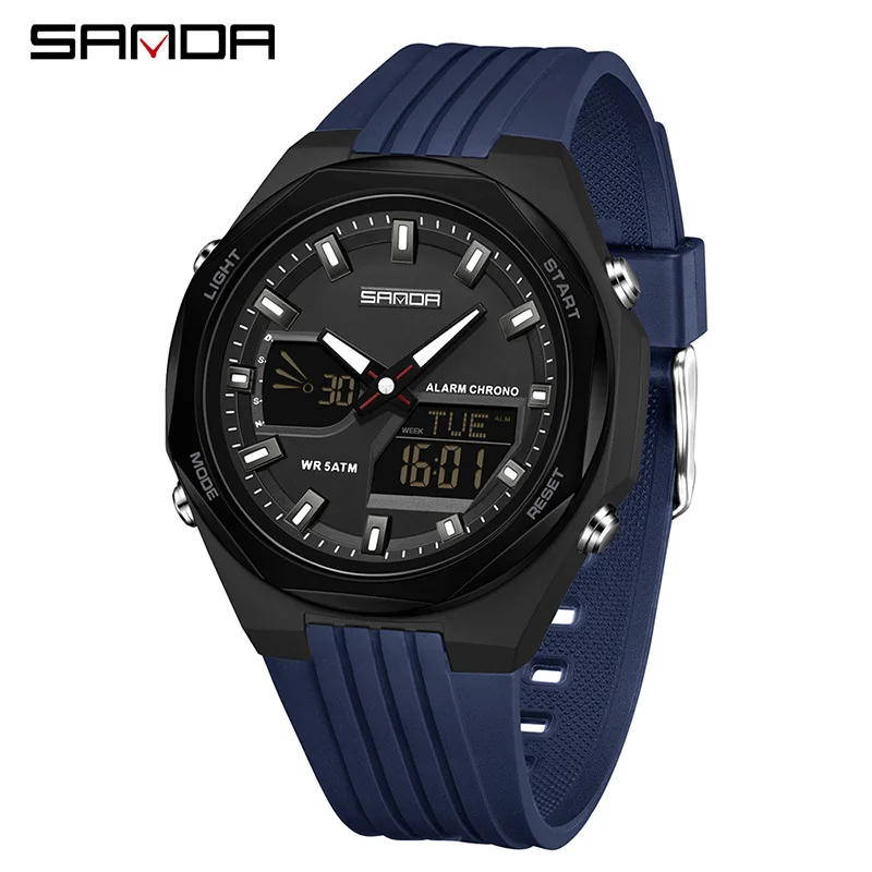 

SANDA 6267 Fashion Electronic Watches for Man Dual Display Multifunction Watch Luminous Calendar Casual Men's Digital Wristwatch