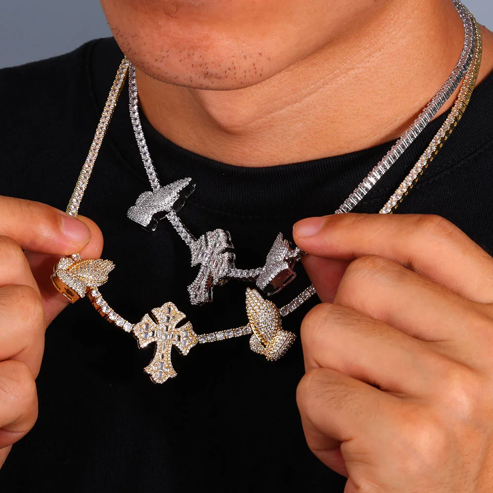 

ESKEEM Hip Hop Cross Tennis Necklace High Quality Sparkling 5A Cubic Zirconia Praying Hand Cross Charm Tennis Chain Freeshipping
