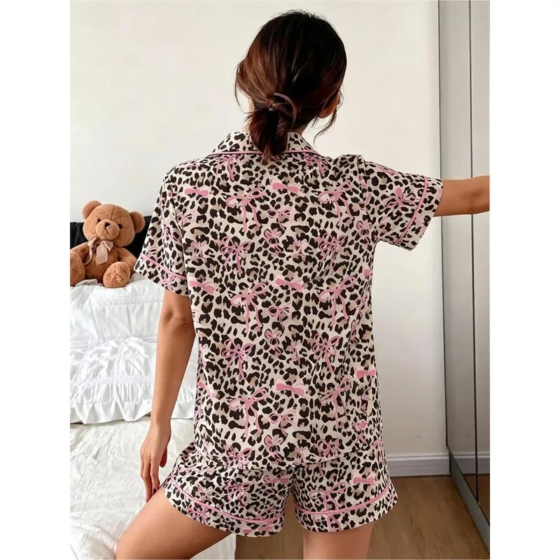 Women Pink Leopard Animal Print Pajama Set Short Sleeve Button Up Shirt Shorts Soft Sleepwear Loungewear Homewear Two Piece