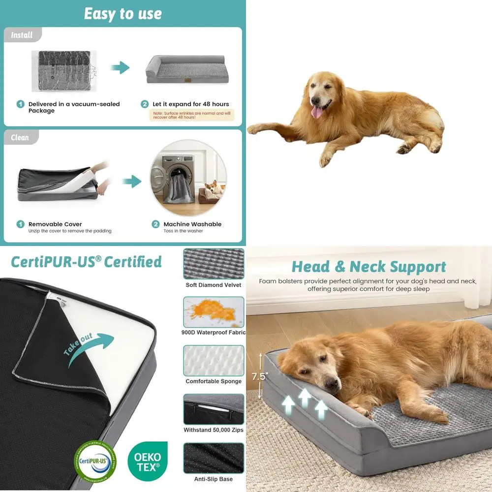 

Ортопедическая L-образная кровать для собак XXL с противоскользящим основанием и моющимся чехлом, серая, для питомцев весом до 150 фунтов