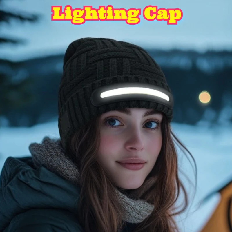

Fashion Premium Thick Knit Textured Light Emitting LED Cap Night Sport High Intensity Illumination Head Mounted Lamp Knitted Hat