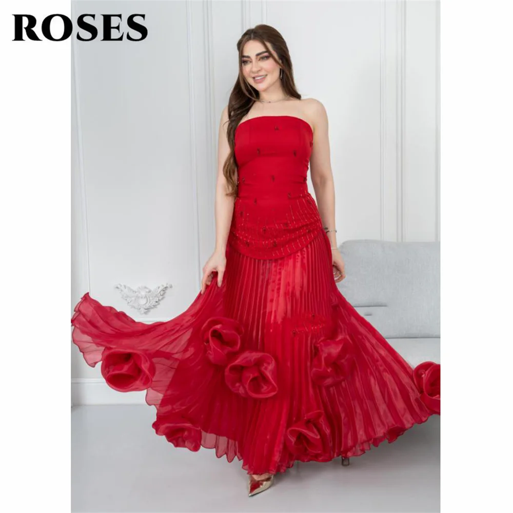 

ROSES Red Strapless Prom Dresses for Women Pleated Party Dress with 3D Flower Beaded Sequin فساتين سهره Customized