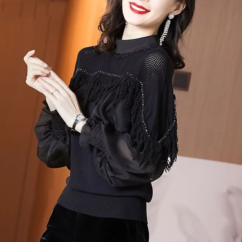 Women\'s Vintage Sexy Hollow Tassels Bright Silk Knit Patchwork Blouses Korean Fashion Elegant Ruffle Black Long Sleeve Slim Tops