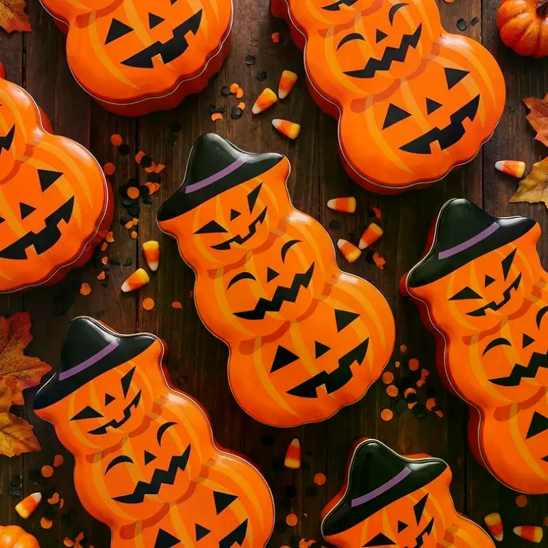 Halloween Stacked Pumpkin Shaped Tinplate Storage Empty Packaging Box Large Capacity For Halloween Party Candies Cookies