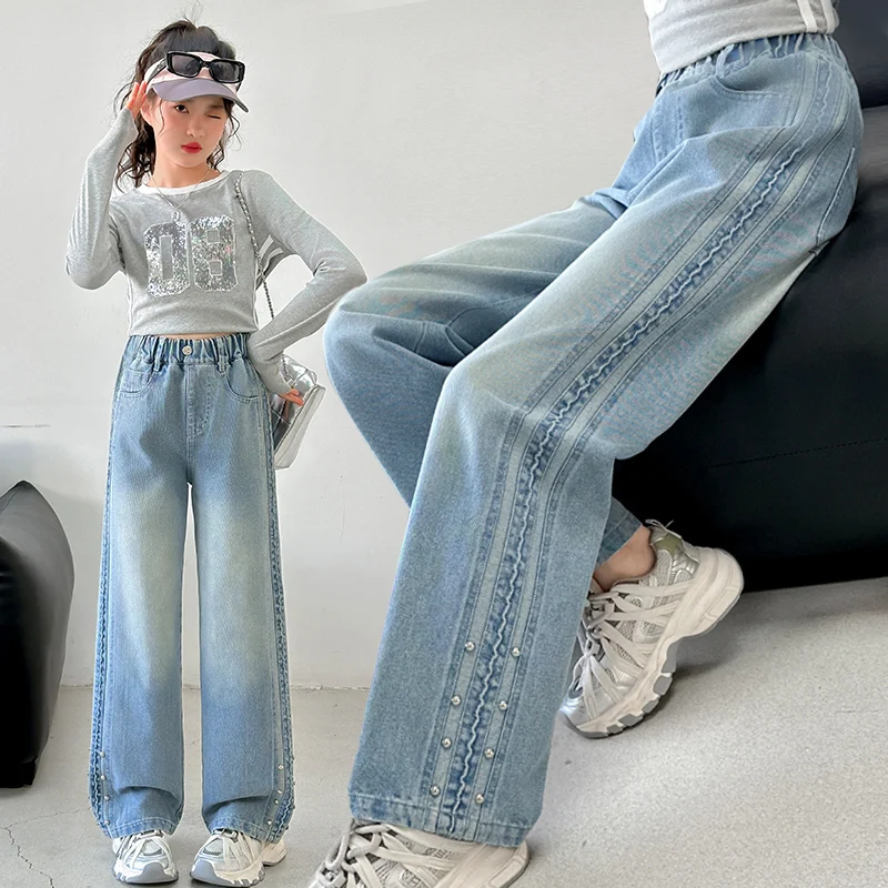 أنيقة فتاة الشتاء معزول الجينز مع ترصيع الاطفال الطفل فضفاض مستقيم دافئ صوف مبطن الضوء الأزرق الدنيم السراويل 5 6 8 10 12 14