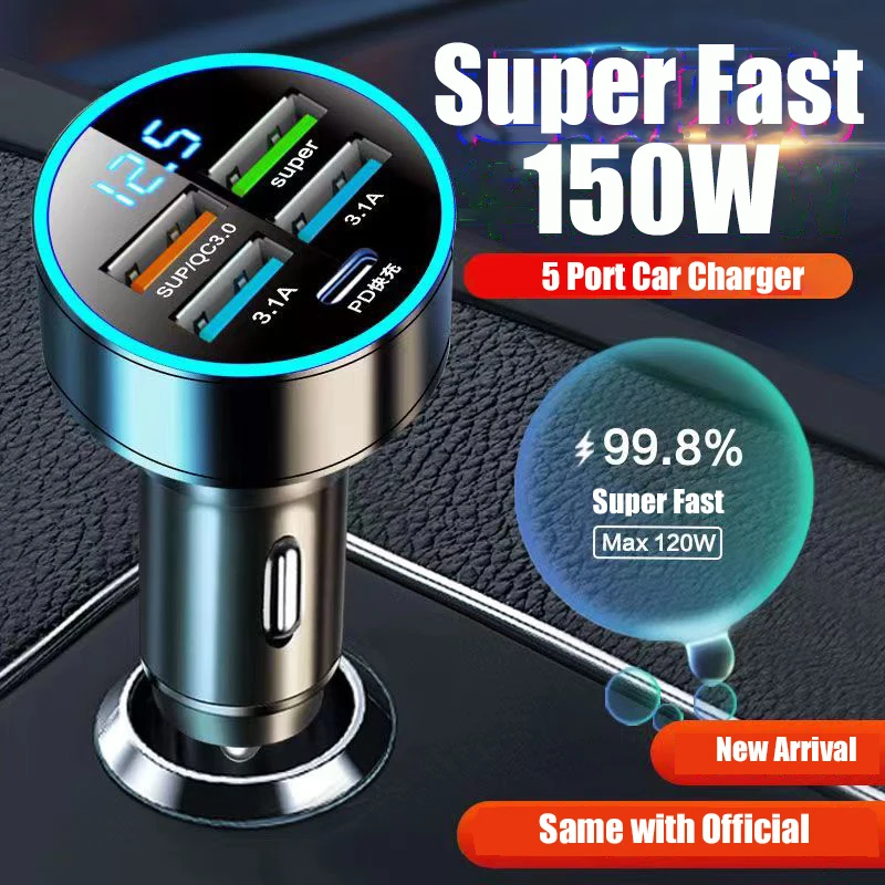 4พอร์ต USB Car Charger Type C PD 150W Fast Charging Adapter สำหรับ Huawei OPPO Oneplus iPhone 14 Pro สูงสุด13 12 11 Mini XS Xiaomi