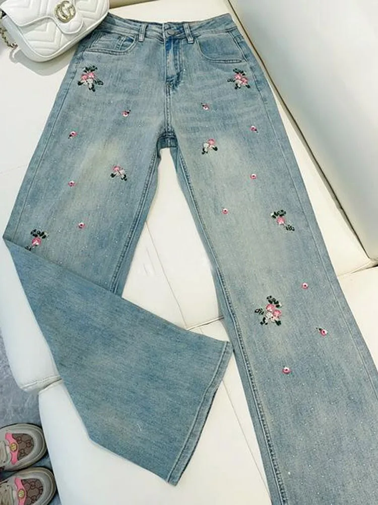 

Весна-лето 2024, прямые джинсы с высокой талией и вышивкой сливового цвета, эластичные корейские утягивающие универсальные модные джинсы
