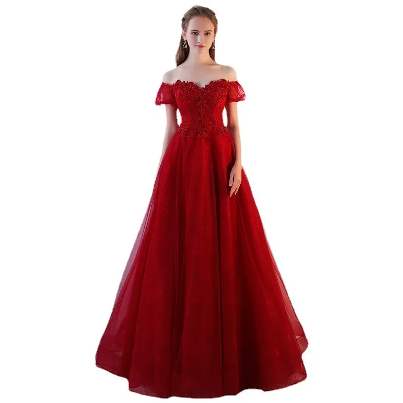 2025 nuevo vestido de noche de cintura alta de malla bordada de otoño para mujer aspecto de moda cubierta fina vestido largo de boda rojo del vientre