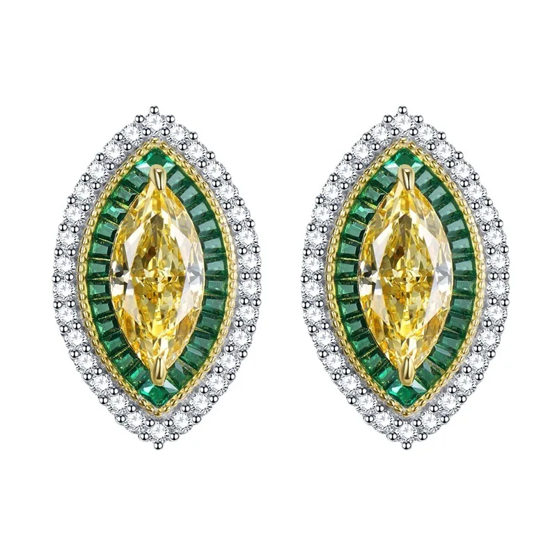 

European and American New S925 Silver Micro Inlay 6 * 13 Yellow Diamond Horse Eye Luxury Full Diamond Classic Earrings