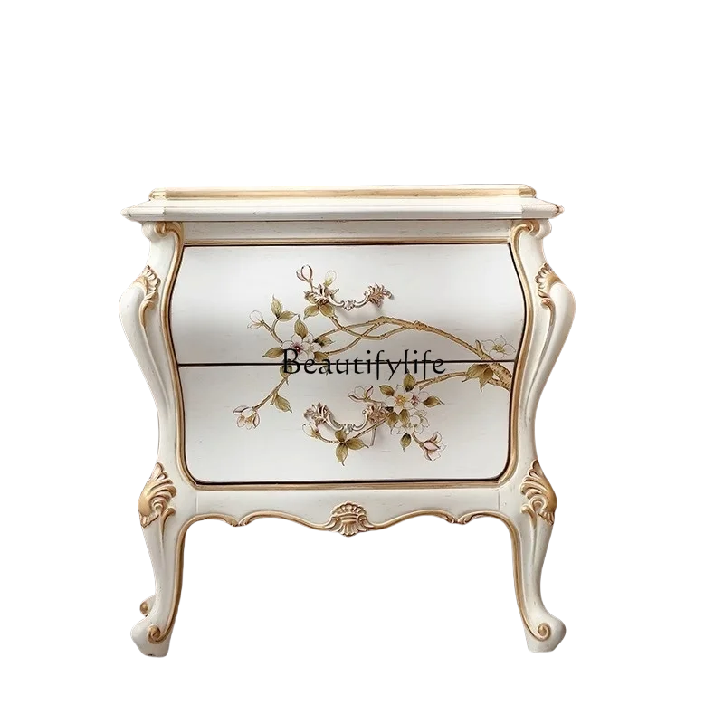 

French Court Style Solid Wood Bedside Storage Cabinet European Hand-Carved Bedside Cabinet