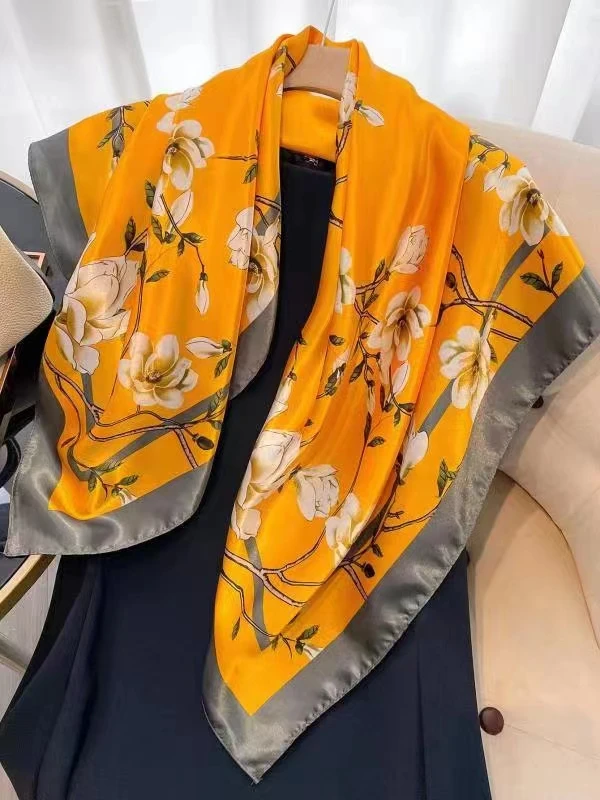 Bufandas de seda para mujer, marca de lujo, moda de verano, pañuelo para la cabeza/pelo de diseñador, 90x90cm, Hijab, Bandana Cheveux, Foulard para