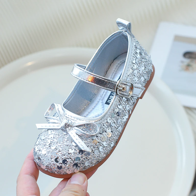 Sequin Bow Non-slip Black/silver Round Toe Shoes for Girls, Spring and Autumn PU Outdoor Shoes for Girls, Size 24-35