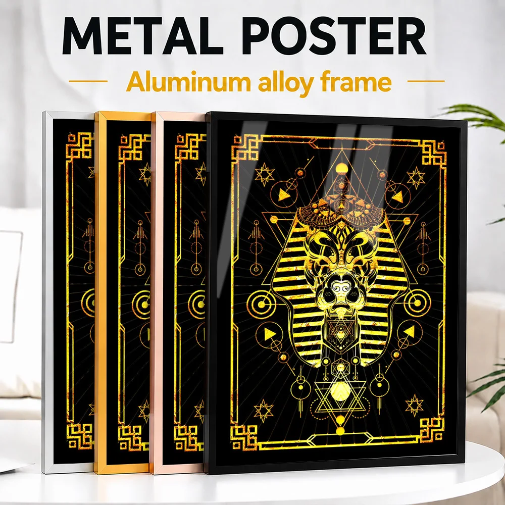 Golden Egyptian Pharaoh Mask Metal Poster With Aluminum Alloy Frame Customized Geometric Design Wall Art For Creative Studio