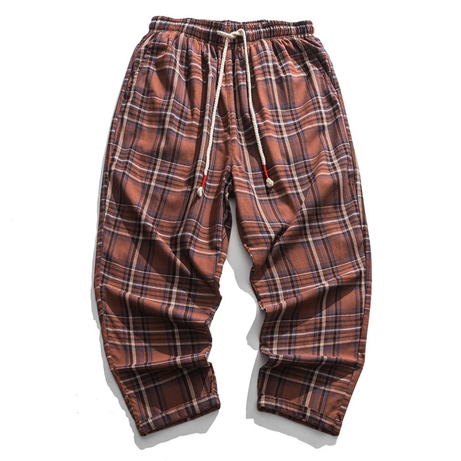 Harajuku Harem Pants Men Hip Hop Streetwear Plaid Pants Male Fashion Casual Loose Ankle-length Pants Elastic Waist