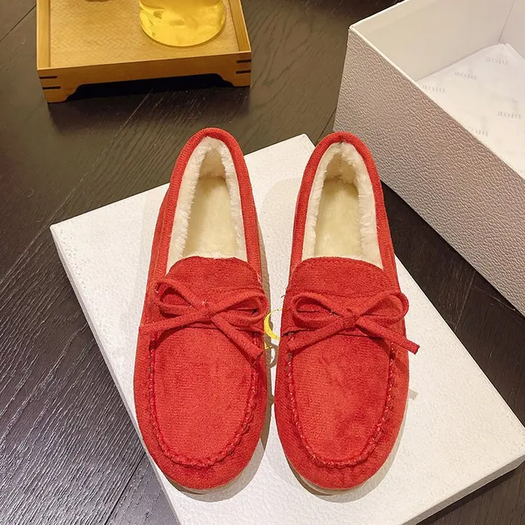 Casual Woman Shoe Loafers With Fur Shallow Mouth Female Footwear Modis Round Toe Bow-Knot Slip-on Winter Moccasin Dress 2022 Big