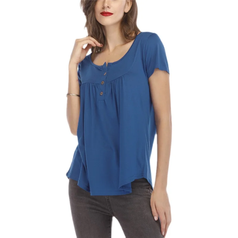 

Loose round Ne ort Sve T-irt Chiffon Top Gathered Button Fairy Sle Pure Color Sweet Summer Faion Women's Top