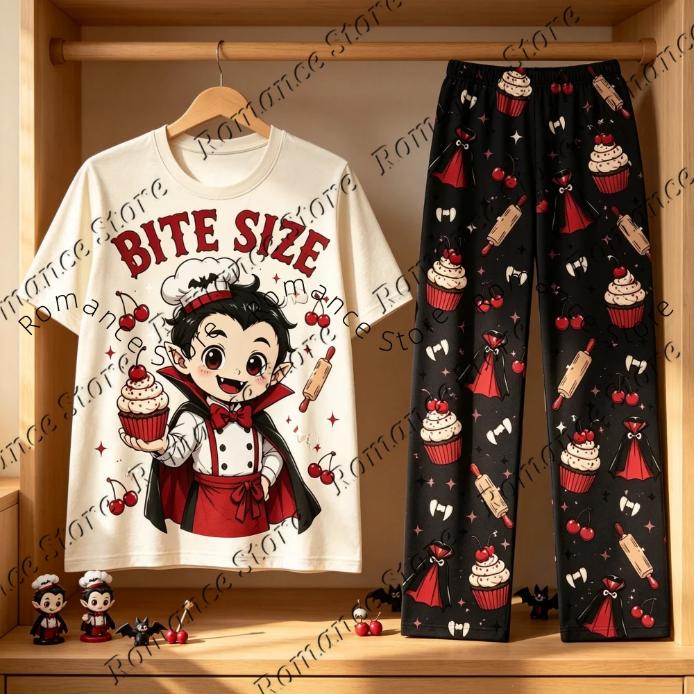 Halloween Kids Cute Vampire Chef 2‑Piece Set Short Sleeve Crew Neck T‑Shirt Long Pants Cupcake Cherry Casual Family Tshirt Suit