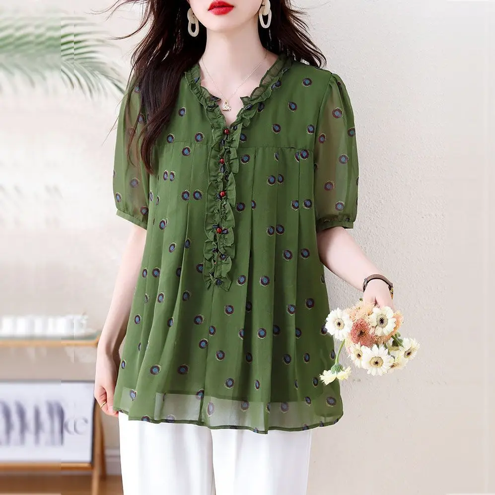 Green Polka Dot Ruffled Blouse Women Loose Short Sleeve Chiffon Top Casual Summer Pullover Blouse