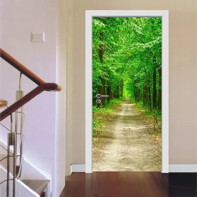 Decalcomania in vinile rimovibile paesaggio foresta porta carta da parati autoadesiva foglia verde stampa HD adesivo per porta camera da letto soggiorno Decor