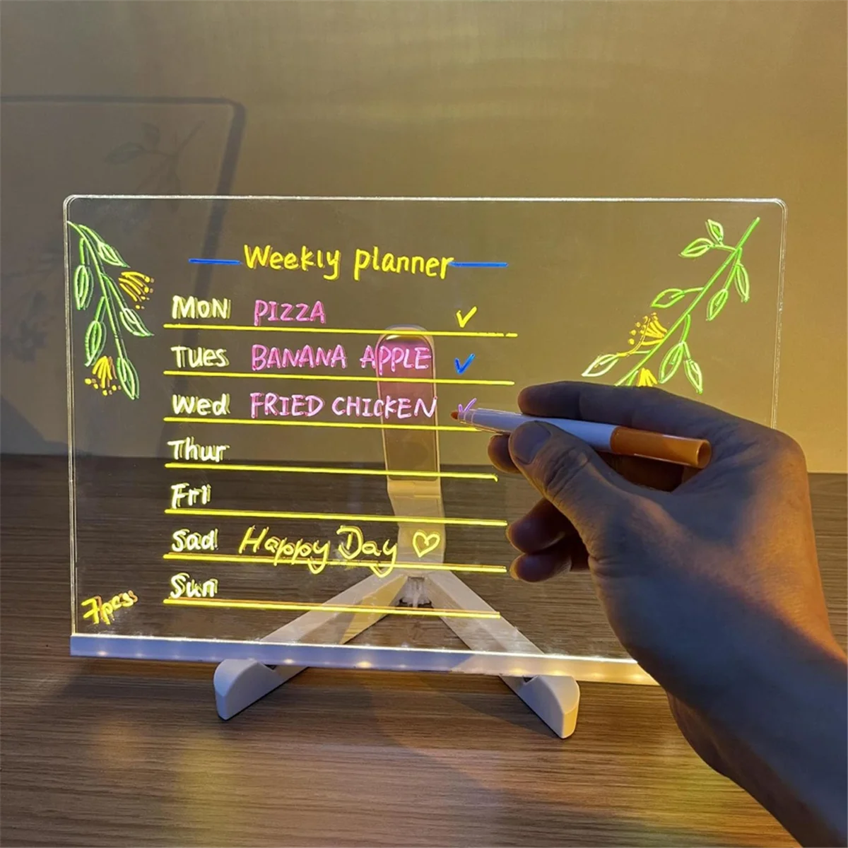 AA84 LEDライト付きアクリルドライイレースボード、メモレターメッセージボードとしてスタンド付きドライイレースボード、光るアクリルボード