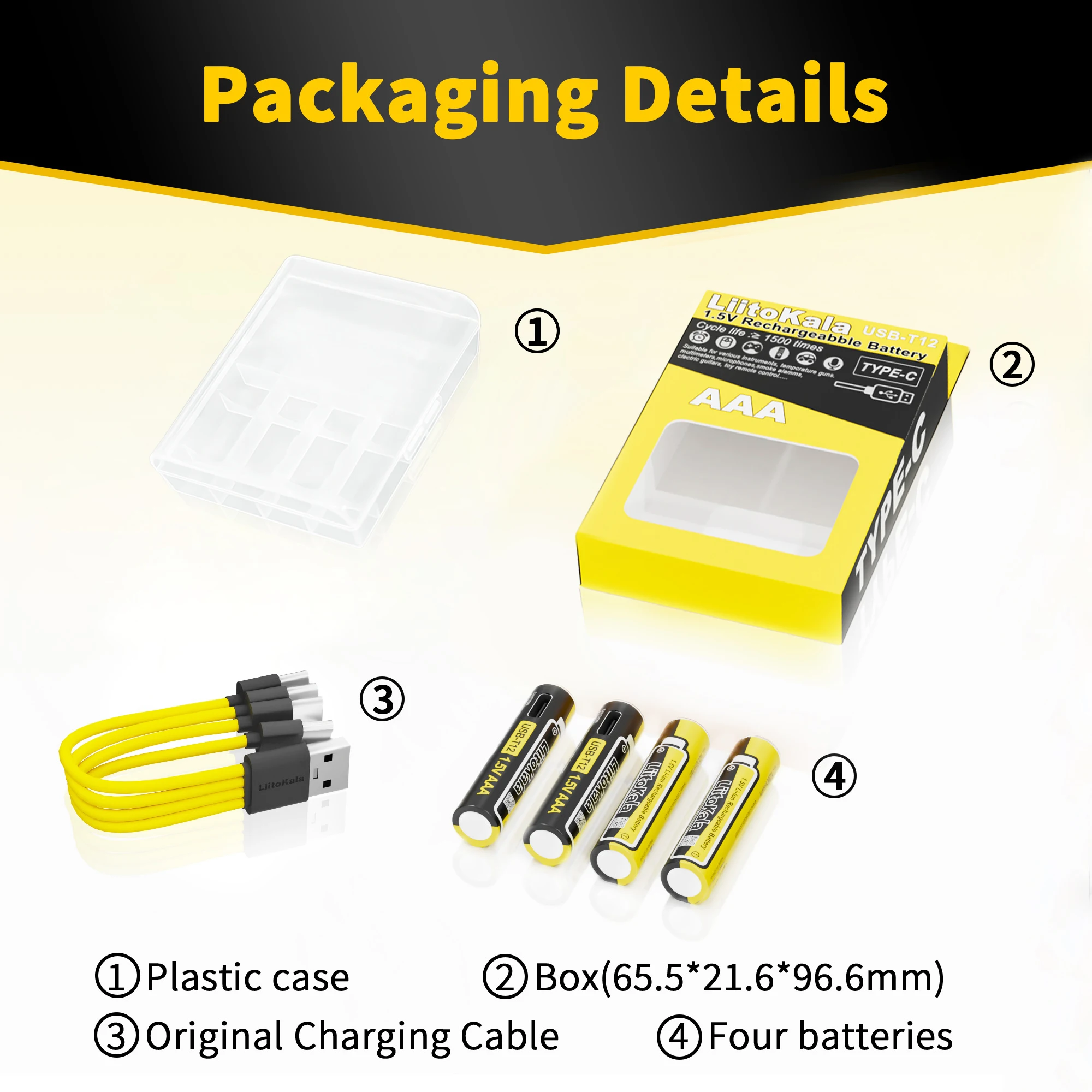 Liitokala USB-T12 1.5V AAA 1200mWh Li-Ion Rechargeable Battery 1200 Cycle Type-C AAA 1200mAh Battery with 4-in-1 USB Cable