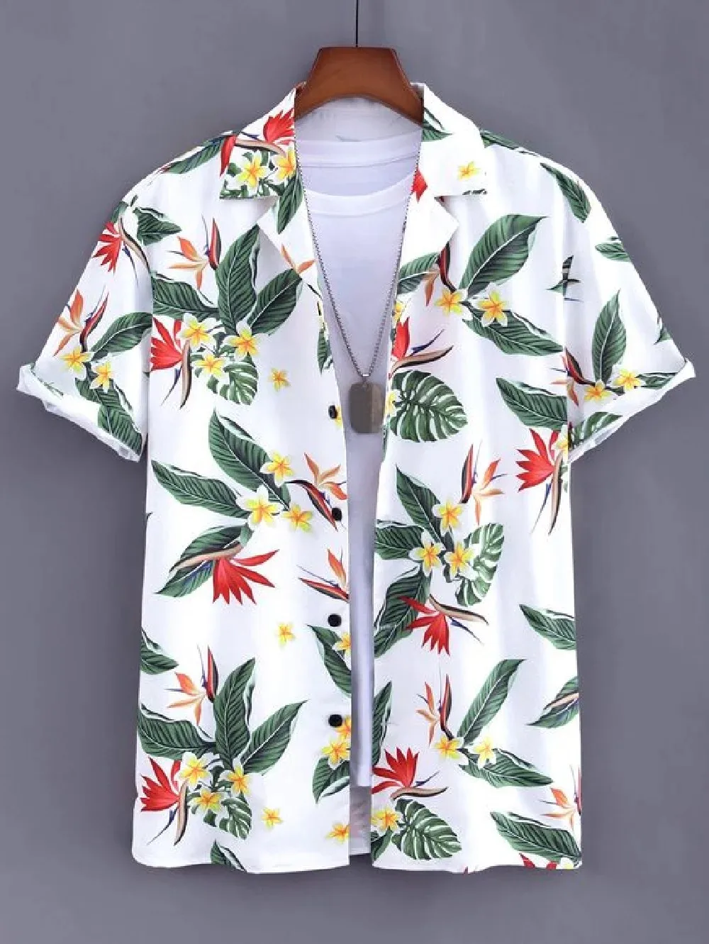 Camicia a maniche corte per bambini da spiaggia hawaiana con motivo a stampa vegetale Camicia casual con risvolto a maniche corte da ragazzo Top alla moda