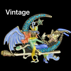 Baroque Vintage Enamel Blue Fairy on Moon Witch Women Brooch Pins for New Year Jewelry GIft Fashion Clothes Accessory