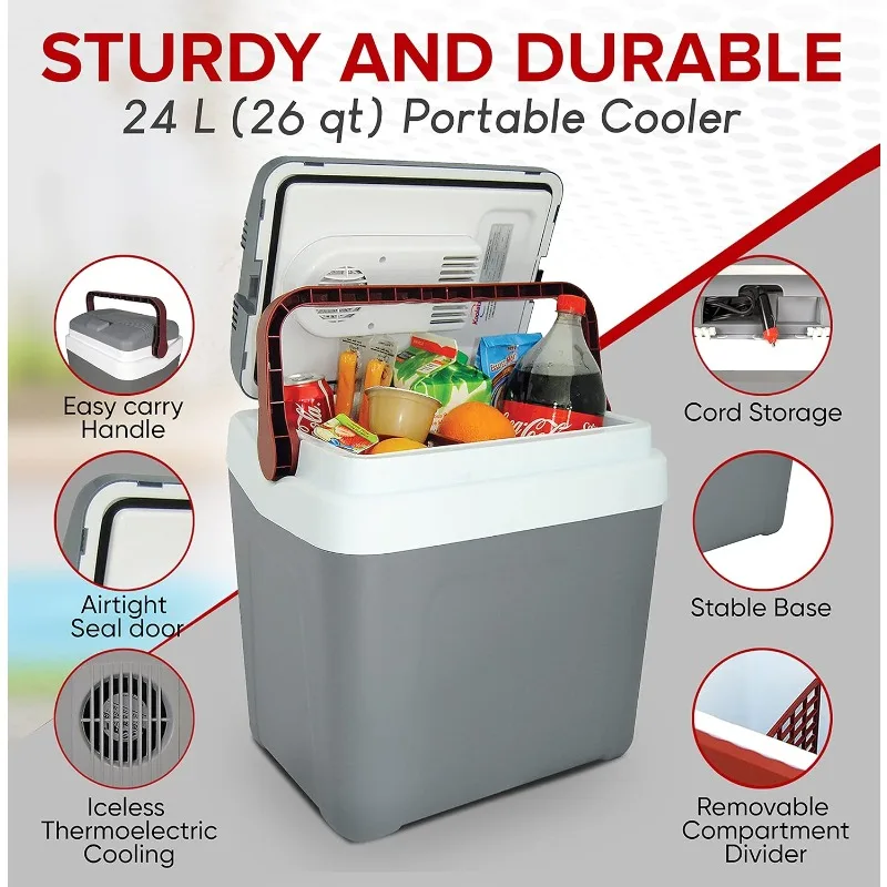 Koolatron Electric Portable Cooler Plug in 12V car Cooler 25 L (26 qt), No Ice Thermo Electric Portable Fridge, Gray/White.