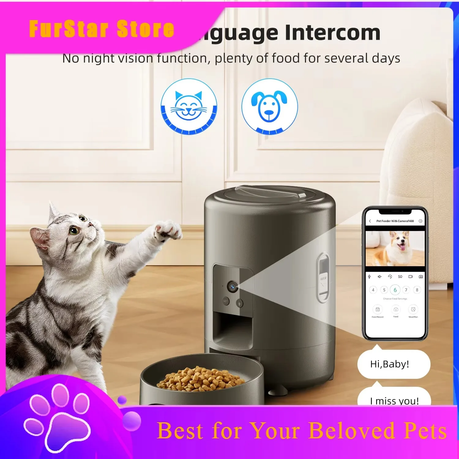 FurStar2L With Video Automatic Cat Feeder, Intelligent Timed And Quantitative Feeding, Cat, Dog And Pet Feeding Bowl Controlled