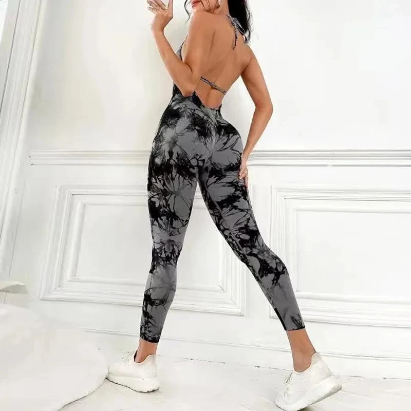 Tie dye peach butt lift moisture absorption sweat wadded seamless backless yoga jumpsuit Fitness pants women's running clothing