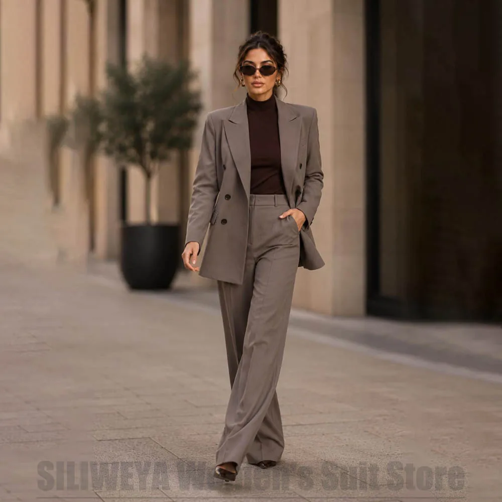 

Chic Women Suit 2 Piece Double Breasted Long Sleeve Outfit Fashion Peak Lapel Formal Office Business Casual Party Lady Wear