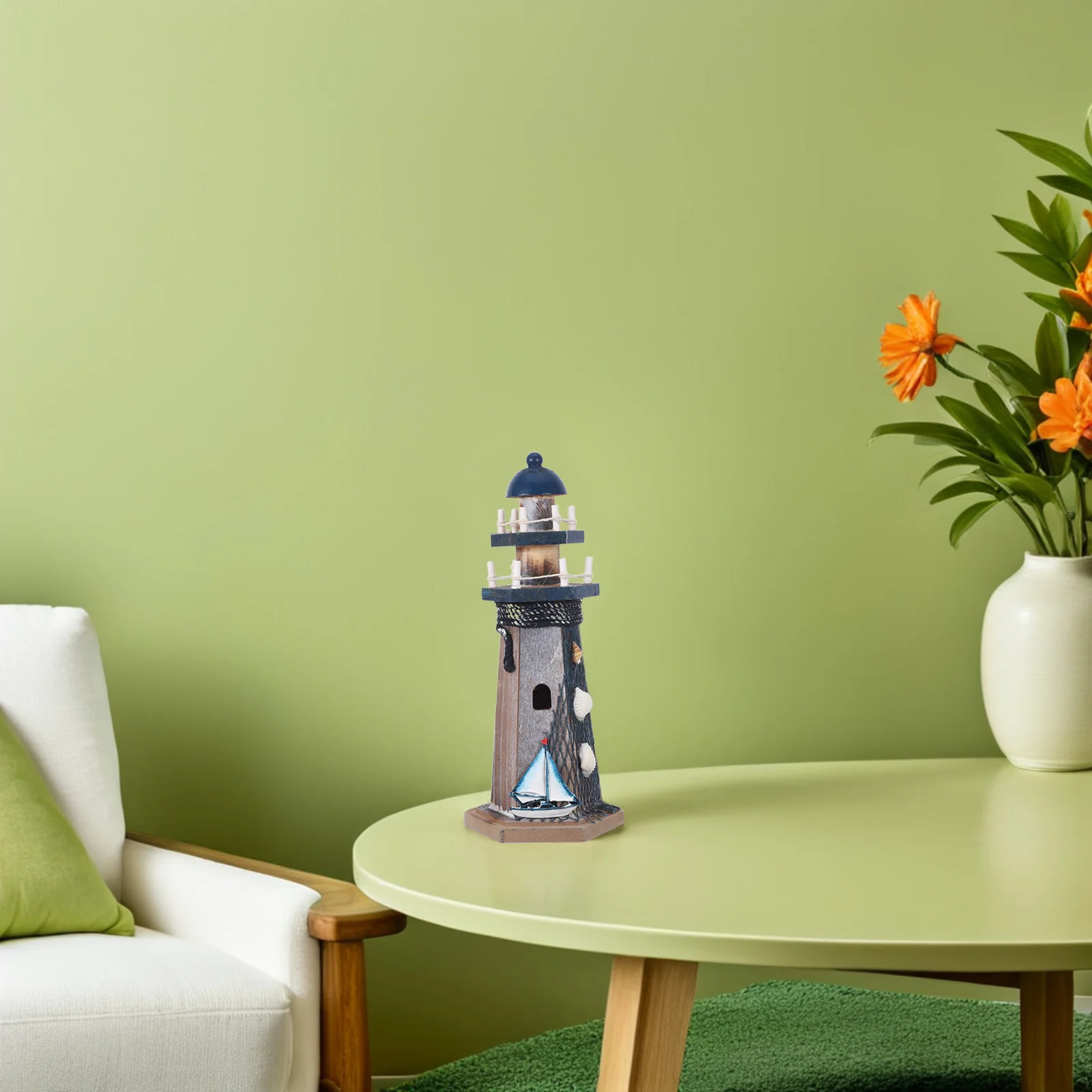 

Mediterranean Wooden Lighthouse Statue Nautical Beach Themed Decor Mini Sail Boat Tabletop Decoration Ocean Style Party Gift