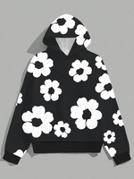 Mens Contrast - Color Casual and Stylish Black Hoodie with Simple White Flower Prints Polyester Fabric Fit for Home and Outings