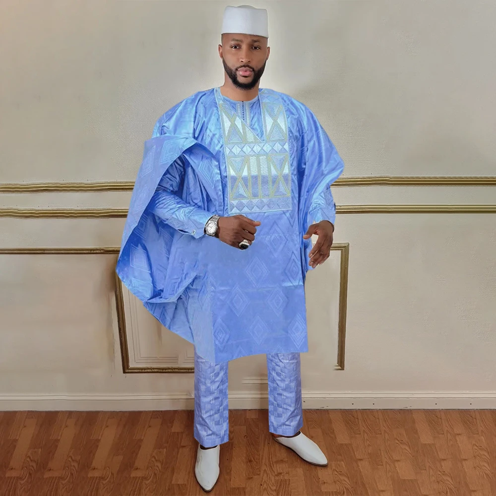 

H&D South African Traditional Wear Formal Attire Bazin Riche Dashiki Outfits Wedding Blue Shirt Pants Robe Suit Agbada Ramadan