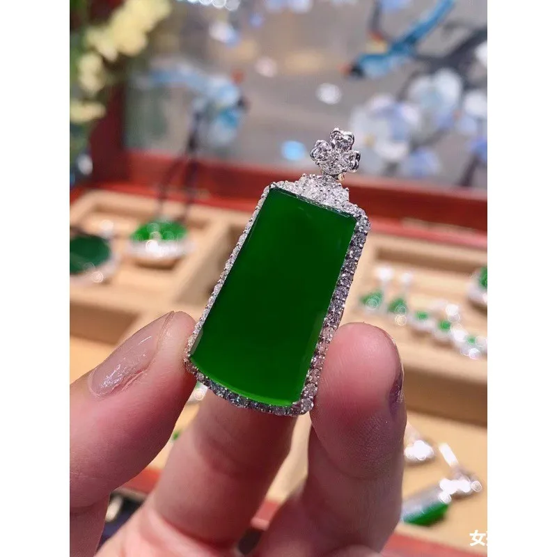 Ice-like Natural Jadeite Jade Lucky Pendant Myanmar Inlaid Manyang Square Men's and Women's Emperor Green Lu