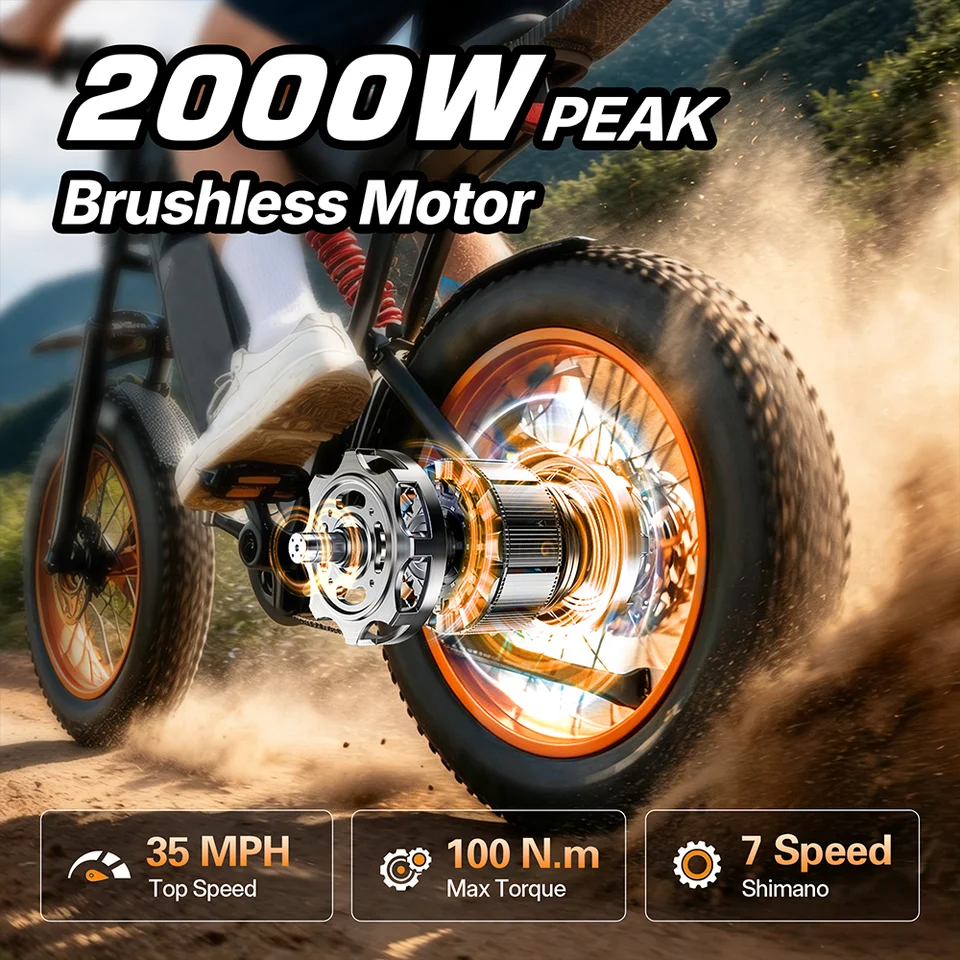 US Stock 2000W Peak 100N.m Motor Electric Bike Adults 35MPH 48V 20Ah 960Wh Battery 20 Inch Fat Tire Off Road Dirt Bike Full Suspension Hydraulic Brakes UL2849 image 6