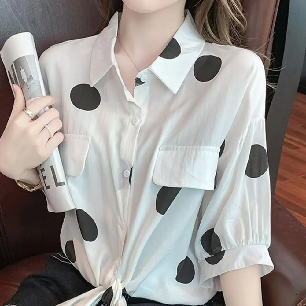 Dot Print Shirt Loose Fit Lapel Long Sleeve Women\'s Shirt Single Breasted Workwear with Fake Flap Pockets Featuring Dot Print