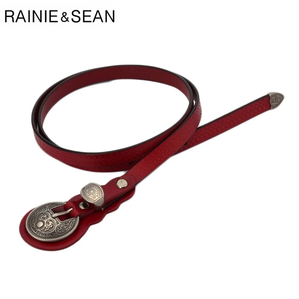

RAINIE SEAN Leather Dress Belt Women Red Thin Pin Belts Female Narrow Genuine Leather Cowhide Ladies Brand Waist Belt for Jeans