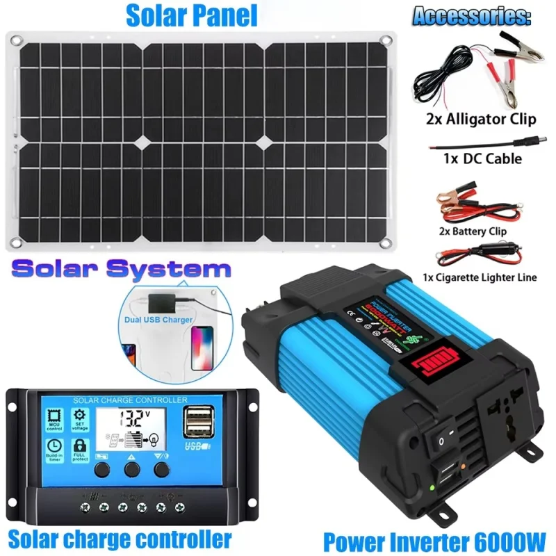 6000 W Solar-Wechselrichter-Kit, komplette Stromerzeugung, 600 W Solarpanel, 110 V/220 V System, 12 V Solarpanel, Batterieladeregler