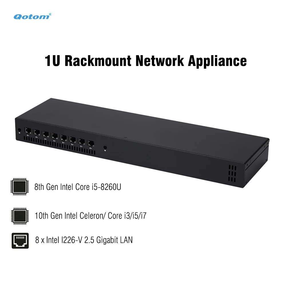 Qotom 1U Rackmount Mini PC 8x 2.5G LAN Intel Core i7/i5/i3 Firewall Router Fan Cooling VPN Server OPNsense pfSense Barebone