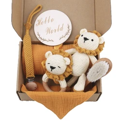 Newborn Gift Baby Swaddle Blanket Hair Brush Toy lion Pacifier Clip Teether Raffle bell Crochet doll Kit for Infant Photo Props