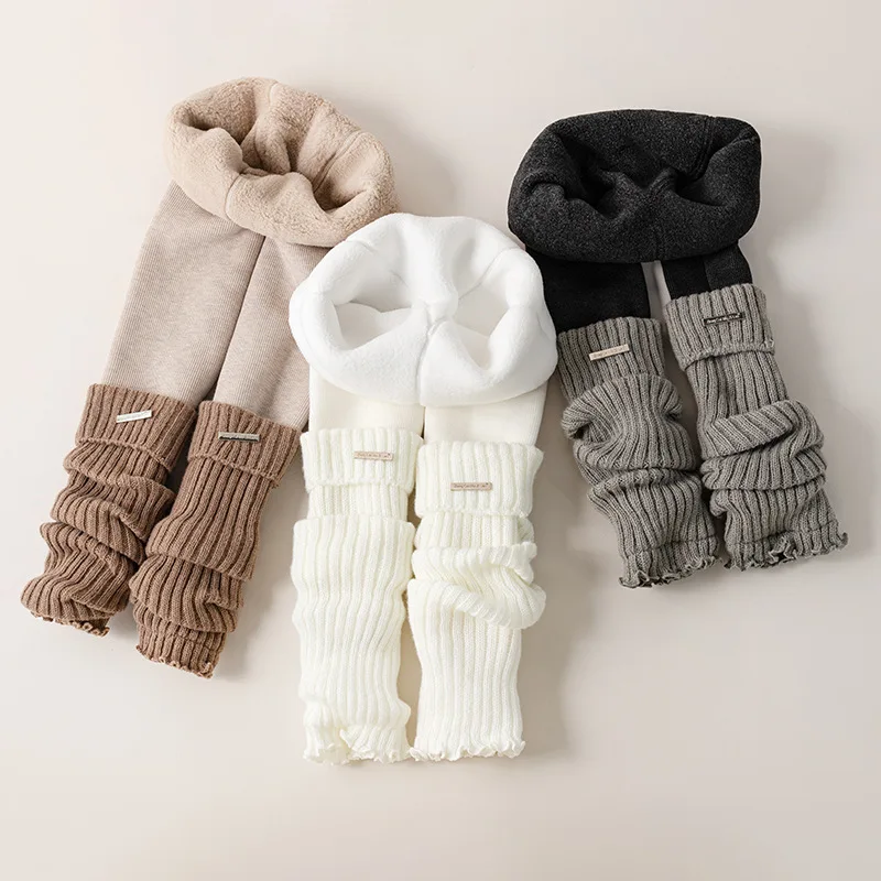 

Kids Thermal Thickened Leggings Girls Knitted Fleece Lined Patchwork Socks Pants Winter Warm Slouchy Bottoms 100-155cm