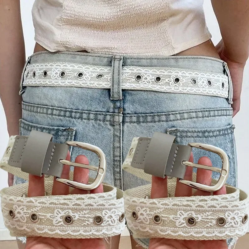 Retro Lace Cloth Belt for Women Korean Fashion Metal Buckle Decorative 113cm Waistband Jean Lolita Accessory Trendy Casual Wear