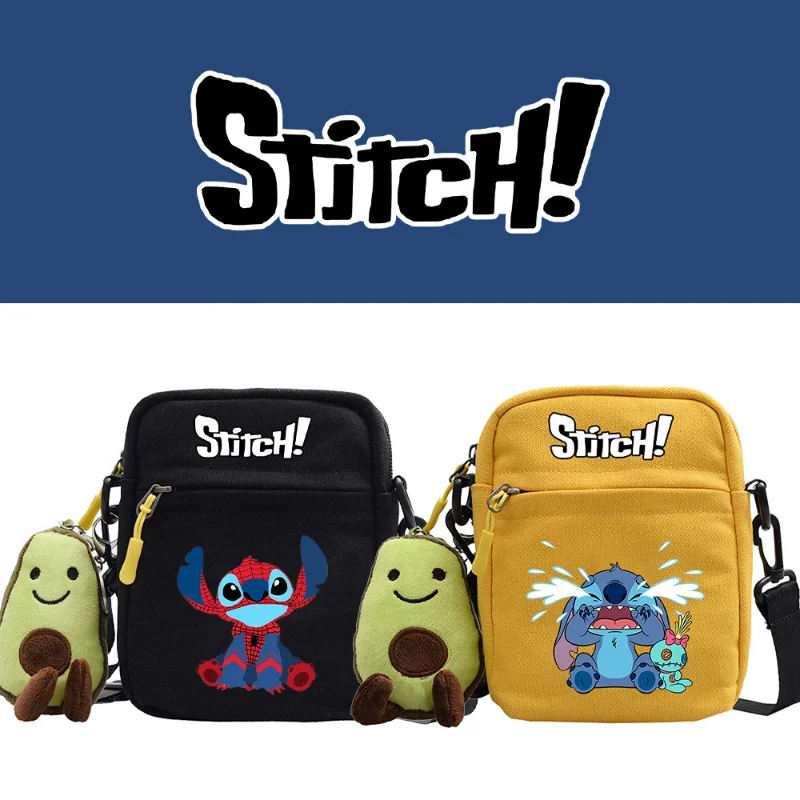 Disney 2023 New Cartoon Stitch Cute Print Pattern Shoulder Bag Color Simple Canvas Messenger Four-color Small Square Bag