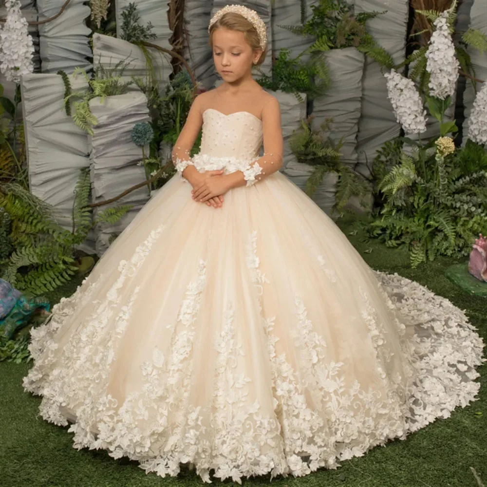 

Customized Elegant Flower Girl Wedding Dress Appliques Floral Pearls Long Sleeve Princess Birthday Prom Kids Holy Communion Gown